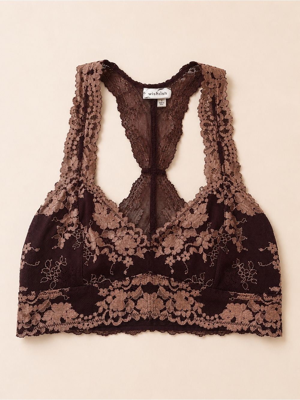 Wishlist Floral Lace Racerback Bralette in Dark Brown and Taupe
